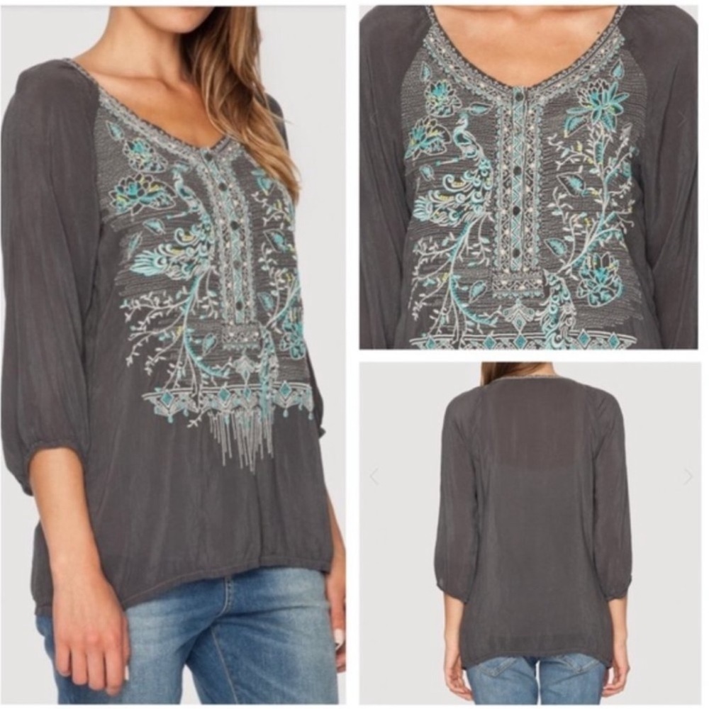 Johnny Was Embroidered Boho Tunic Top Blue Gray Flowy Blouse XS - Picture 2 of 11